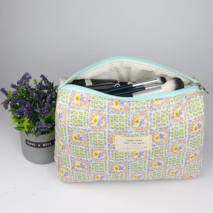 VIWIME Makeup Cosmetic Bag, Large Cotton Quilted Travel Coquette Aesthetic Cute Floral Make up Bag for Women Toiletry Bag Organizer (107- Grid / 2Pcs)