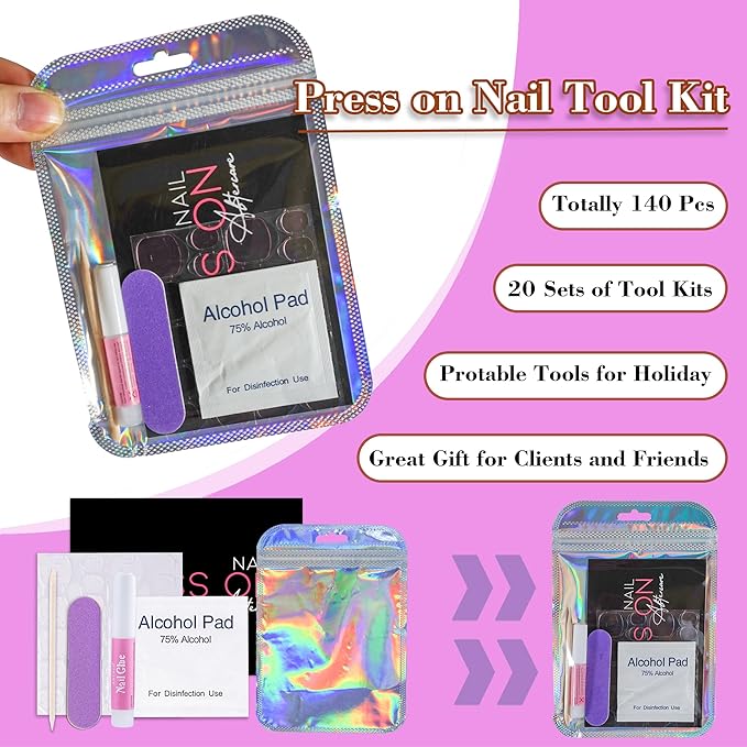 Press On Nail Tool Kit for Nail Business, Nail Prep Application Disposable Kit with Nail File, Nail Glue, Prep Pads, Instruction Card, Adhesive Nail Tabs, Wood Stick, Holographic Bag (20pcs in purple)