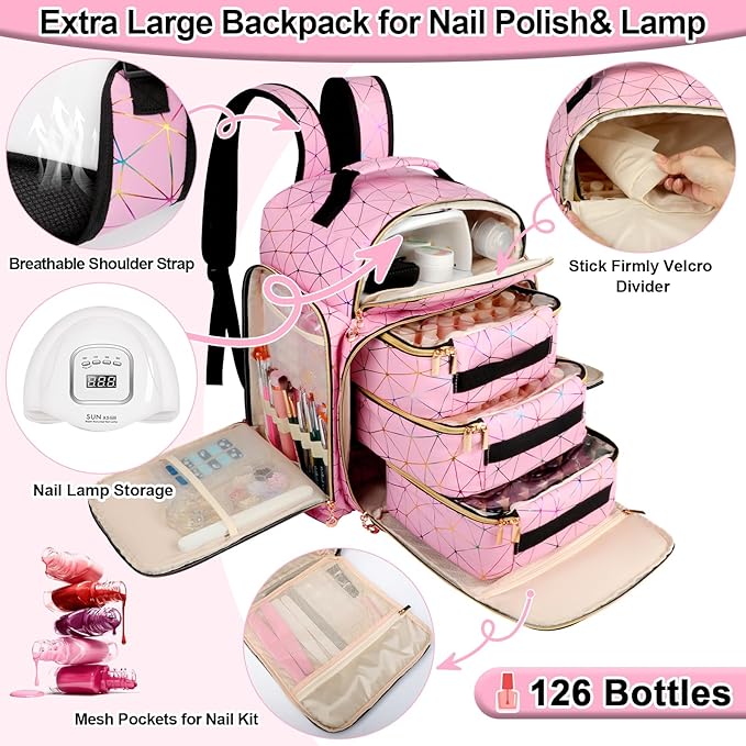 AHZSKE Nail Polish Organizer Backpack Holds 126 Bottles& Nail Lamp, Extra Large Nail Kit Supplies Organizer Bag with 3 Removable Cases, Portable Nail Organizers and Storage for Trave (PU Leather Pink)