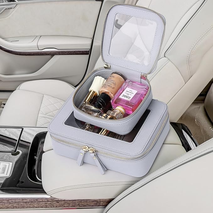 Clear Makeup Bag Set Travel Cosmetic Bag and Toiletry Bag Women's Purse Pouch Cosmetic Stroage Organizer Case with Zipper Car Essentials (Gray, M+Mini)