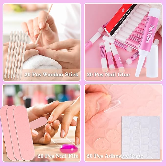 Press On Nail Tool Kit for Nail Business, Nail Prep Application Disposable Kit with Nail File, Nail Glue, Prep Pads, Instruction Card, Adhesive Nail Tabs, Wood Stick, Holographic Bag (20pcs in purple)