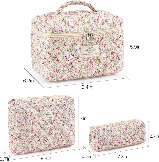 Makeup Bag for Women 3PCS Quilted Cotton Make Up Bag Travel Cosmetic Bag Large Makeup Bag Set Cute Makeups Organizer Floral Toiletry Pouch for Purse, Spring Meadow