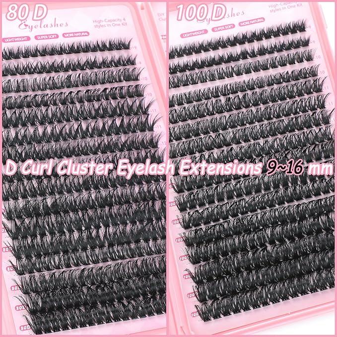 Lash Clusters Kit, 640 Pcs Eyelashes Clusters Extensions Kit 9-16mm Individual Lashes D Curl Fluffy Wispy False Eyelashes Thin Band, with Bond Seal Remover Tweezers Brush DIY (80D+100D Kit 9-16mm)
