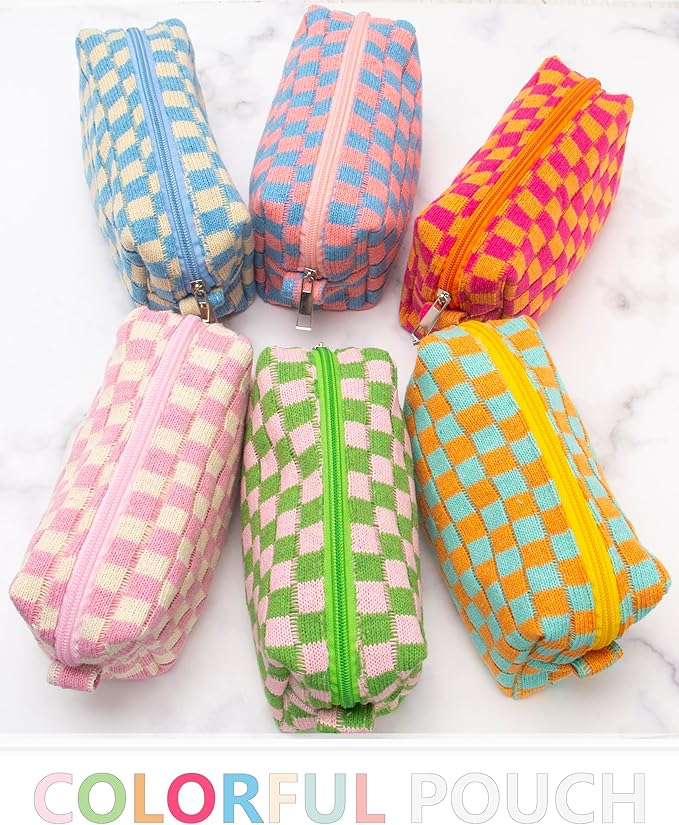 PAZIMIIK 6PCS Checkered Makeup Bag for Purse Portable Zipper Make Up Pouch Small Cosmetic Case for Travel Accessories Pink Green
