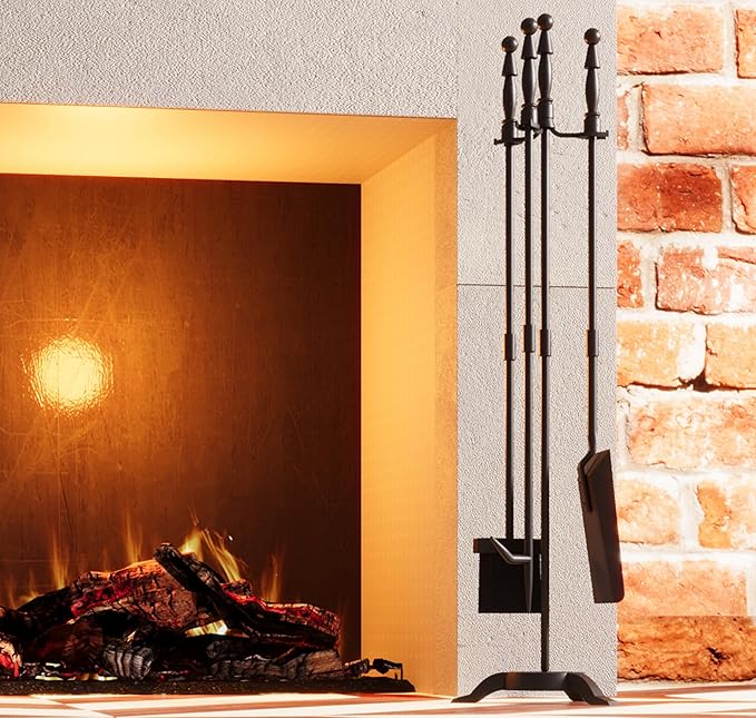 Fire Beauty Fireplace Tools Set 4 Pieces Black Wrought Iron Fire Tool Set for Outdoor/Indoor Include Poker, Shovel, Brush and Stand Accessories Set