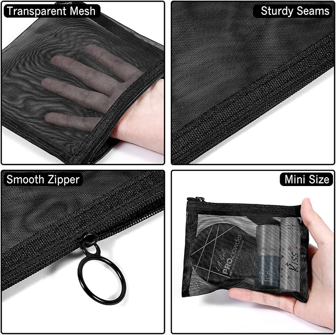 8 Pack Mini Zipper Mesh Makeup Bags, Nylon Cosmetic Bags Toiletry Purse Travel Organizer Bags Inside Bag for Office Travel Organization (Black, S)