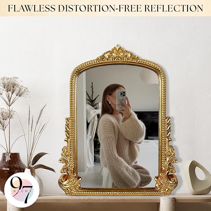 97 Decor Gold Vintage Wall Mirror - Small Gold Mirror for Tabletop and Wall Hanging, Antique Arch Frames for Desk, Small Decorative Mirrors Frame for Home Bedroom, Makeup Room Decor (11.8x9.6 Inch)