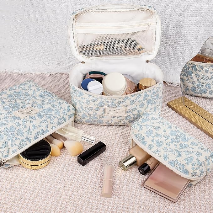 Quilted Makeup Bag Set, Large Floral Cosmetic Bag for Women, Cute Cotton Makeup Bag, Flower Travel Toiletry Organizer Bag(Color-Coded Floral)