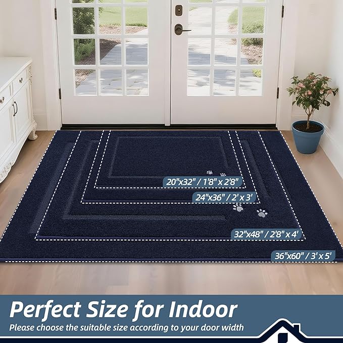 BEQHAUSE Dog Door Mat for Mud Paws Dirt Trapper Doormat Non-Slip Entryway Rugs Absorbent Welcome Mat Washable Indoor Floor Mat Low-Profile for Front Door, 24" x 36", Navy Blue