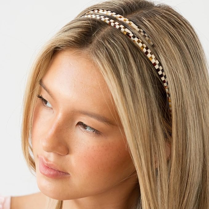 Thin Headband for Women, 1/4" Ultracomfort Headband, Checkered Tortoise Brown, Flexible Fit with No Slip Gentle Teeth, All-Day Hold | France Luxe