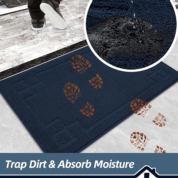 BEQHAUSE Door Mat 20" x 32", Non-Slip Door Mats Indoor Entryway Rugs Washable Low-Profile Absorbent and Stain Resist Floor Mats, Dog Door Mat for Front Back Door, Mud Wet Shoes & Paws, Navy Blue