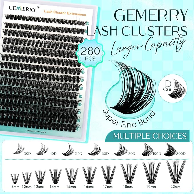Lash Clusters Fluffy Cluster Lashes Extensions Thick 280pcs D Curl Eyelash Clusters DIY At Home Individual Lashes Extension by GEMERRY（80P-10-18mm)