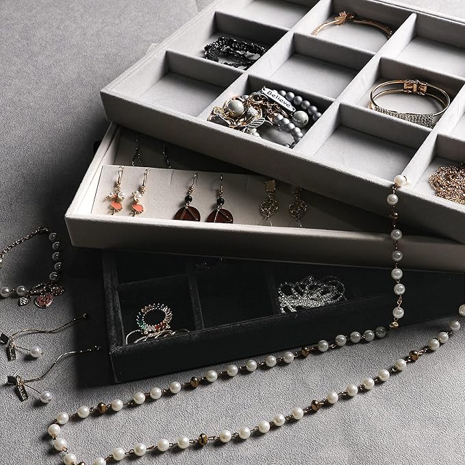 Frebeauty Stackable Velvet Jewelry Organizer Trays for Drawers Inserts Jewelry Storage Tray Display Case Earrings Bracelets Necklace Rings Accessories Trays for Women(Set of 4)(Grey).