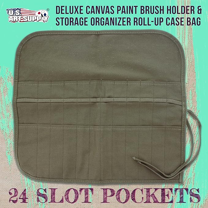 U.S. Art Supply Deluxe Canvas Art Paint Brush Holder & Storage Organizer Roll-Up Case Bag - 24 Slot Pockets Carry Pouch - Protect Artist Acrylic Oil Watercolor Paintbrushes - Store Pencils, Pens Tools