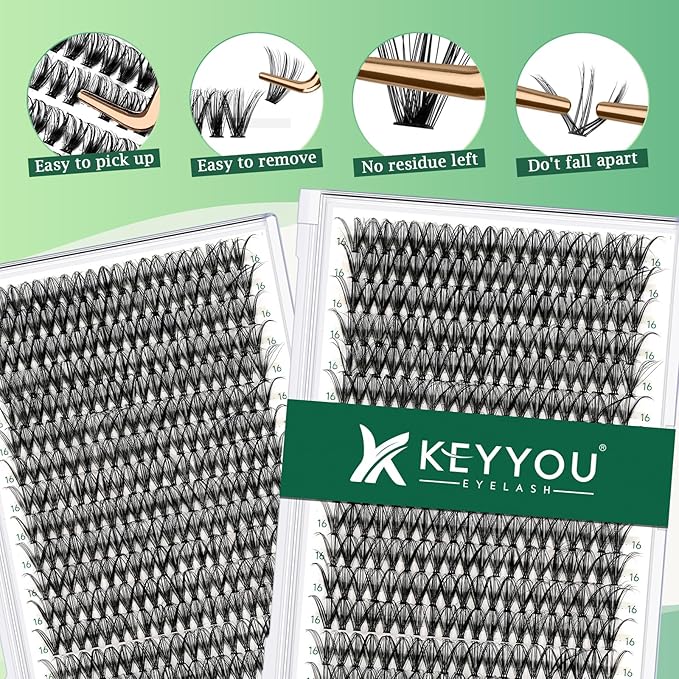 KEYYOU Lash Clusters 300pcs Individual Lashes 30D 0.07D Curl 16mm DIY Eyelash Extension Large Tray Volume Soft&Natural Cluster Lashes(30D-0.07D,16）