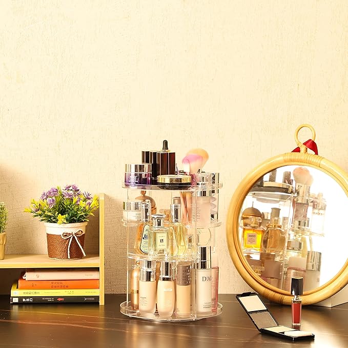 Clear Rotating Makeup Organizer for Vanity,Adjustable Skincare Organizer Countertop,Cosmetic Display Cases for Beauty,Skin Care,Spinning Makeup Stand,Make up Storage Organizer and Perfume organizer