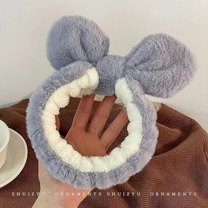Cute Face Wash Headband & Wristbands Set - 1 Kawaii Skincare Headband with 2 Microfiber Spa Wrist Bands, Premium Sewing Soft & Absorbent Head Wrist Bands for Washing Face Makeup Hair Care (Dusty Blue)
