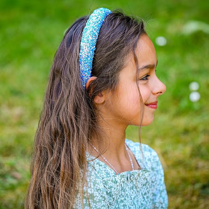 FROG SAC Sequin Headband for Girls, Sparkly Puffy Hair Band for Kids, Padded Toddler Head Bands, Sparkle Girl Hair Accessories (Blue, Child)