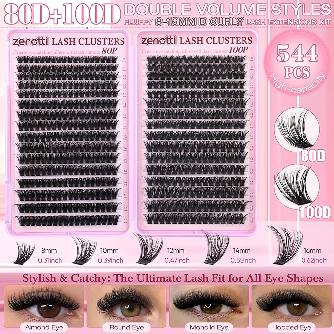 Lash Clusters 80D 100D Wispy Eyelash Clusters 544PCS Fluffy Cluster Eyelash Extensions D Curly Individual Lashes Pestañas Postizas 8-16MM Lashes Extensions for Beginners withThin Band by zenotti