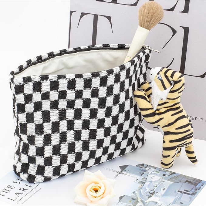 PAZIMIIK Knitted Checkered Makeup Bag Large Zipper Make Up Accessory Pouch for Purse Cosmetic Brush Bag for Travel Essential,Black