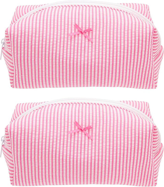 PAZIMIIK 2PCS Cozy Makeup Bag Small Aesthetic Travel Zipper Cosmetic Pouch for Women Make Up Beauty Accessories Brushes, Stripe Hotpink
