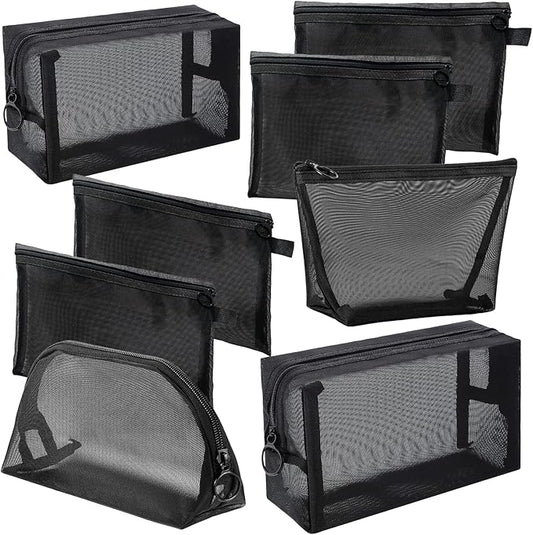 8 Pieces Mesh Makeup Bag Set,Cosmetic Bags Make up pouch,Portable Clear Travel Toiletry Makeup Kit Bag Organizer Mesh Zipper Pouch Purse Beauty Storage Bags for Home Office Travel Accessories(Black)