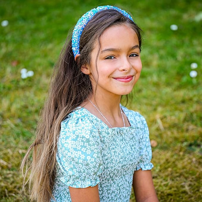 FROG SAC Sequin Headband for Girls, Sparkly Puffy Hair Band for Kids, Padded Toddler Head Bands, Sparkle Girl Hair Accessories (Blue, Child)