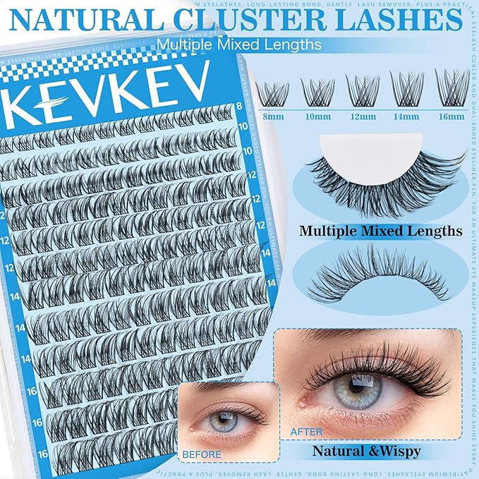 Wispy Lash Clusters Kit Invisible Thin Band Natural Eyelash Clusters 8-16mm Lash Extension Kit Mix Length Clear Band Natural Look Cluster Eyelash Extensions With Lash Bond DIY Lash At Home(Wispy04)