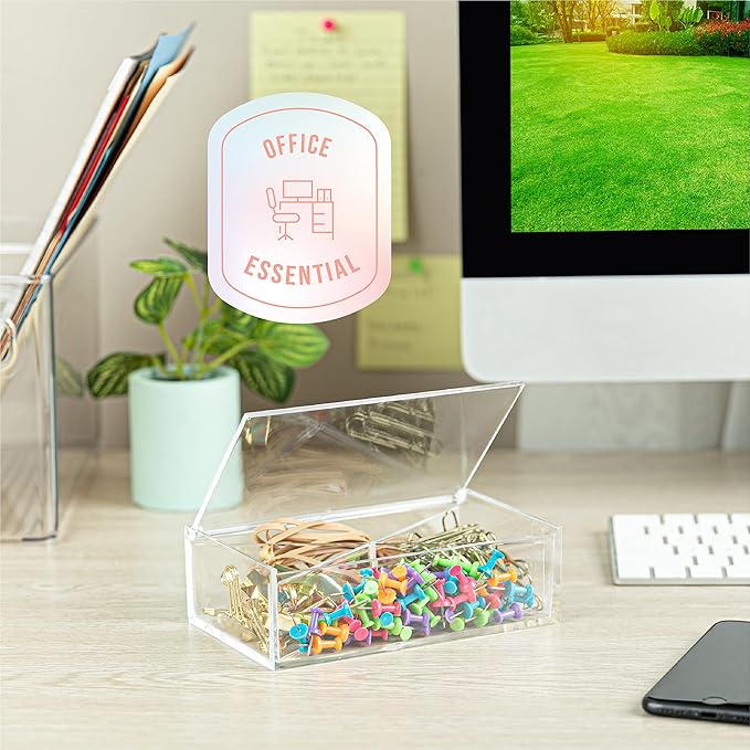 Hammont Clear Acrylic Box with Hinged Lid – Small Plastic Organizer for Office, Desk, Makeup, Crafts, Cotton Balls, Jewelry & More | 6.5''x4''x2'' (2 Pack)
