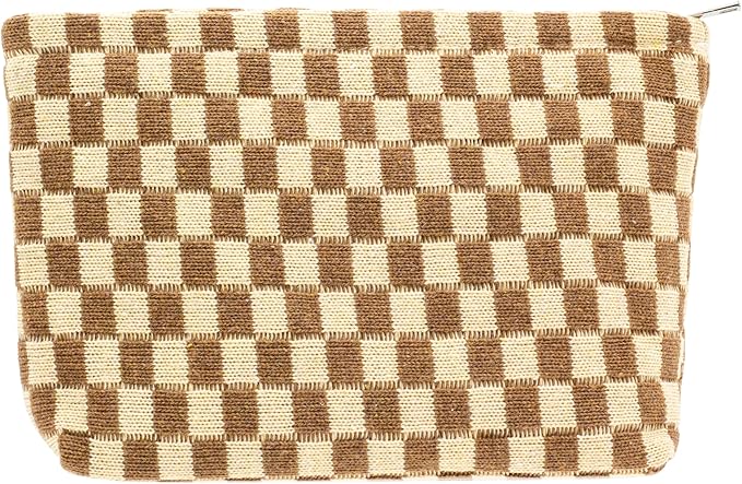 PAZIMIIK Knitted Checkered Makeup Bag Large Zipper Make Up Accessory Pouch for Purse Cosmetic Brush Bag for Travel Essential,Coffee