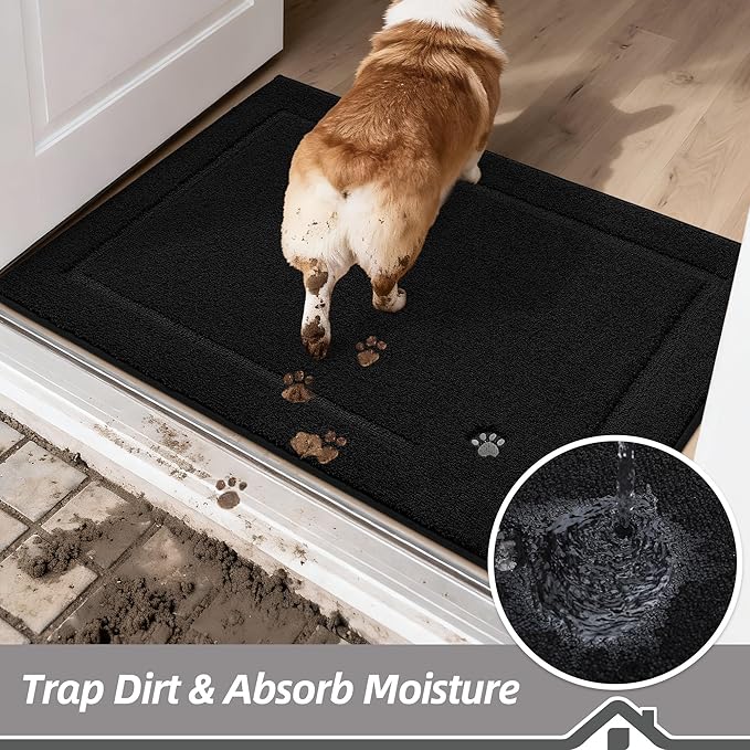 BEQHAUSE Dog Door Mat for Mud Paws Dirt Trapper Doormat Non-Slip Entryway Rugs Absorbent Welcome Mat Washable Indoor Floor Mat Low-Profile for Front Door, 32" x 70", Black