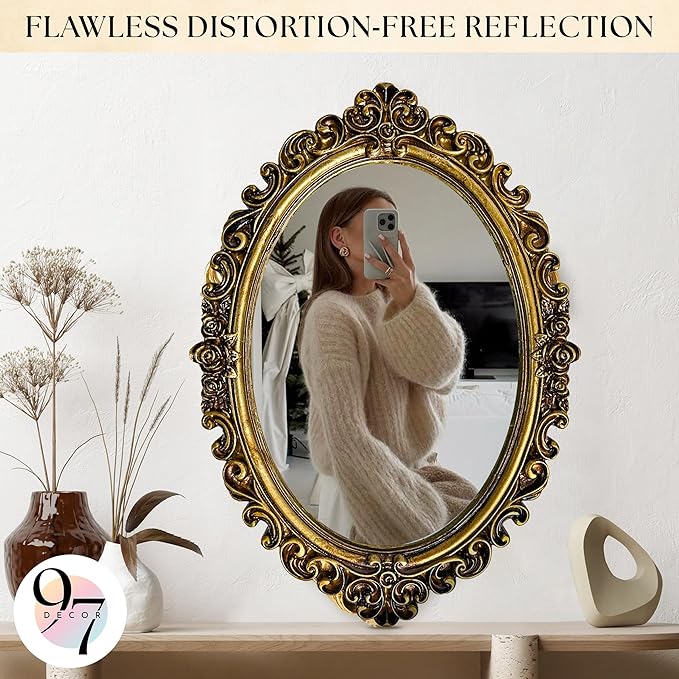 97 Decor Small Oval Mirror for Table - Gold Vintage Mirror for Tabletop and Wall Mounting, Small Decorative Mirrors Frame for Antique Home Bedroom, Victorian Makeup Room Decor