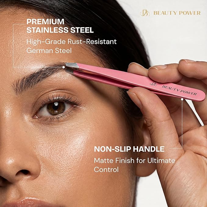 Professional Tweezers in Case - Slant, Durable Lightweight German Stainless Steel, Ultra Precision Tweezers for Eyebrows, Facial Hair, Chin, and Ingrown Hair Removal - Gift (Pink)