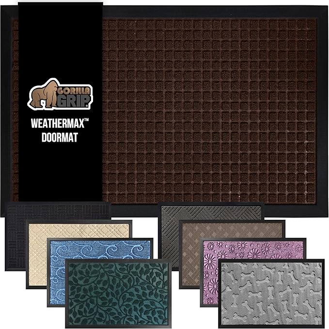 GORILLA GRIP 100% Waterproof All-Season WeatherMAX Doormat, 47x35, US Designed Natural Rubber, Stain and Fade Resistant, Low Profile Indoor Outdoor Door Mats, Easy Clean Patio Mat, Coffee Squares