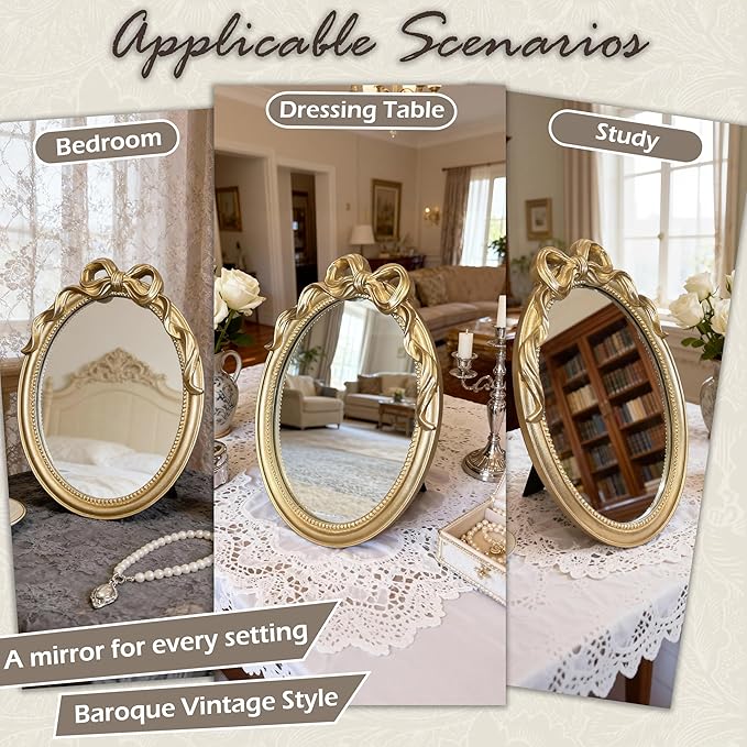 Vintage Vanity Desk Mirror - 13x10 Inch Wall-Mounted & Tabletop Decorative Ornate Gold Accent Retro Makeup Mirror for Bedroom Dresser Bathroom Living Room Dorm Oval