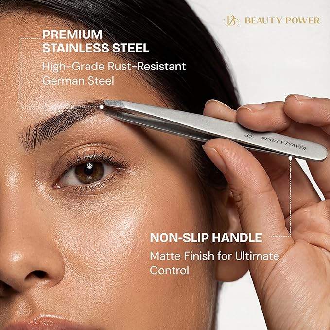 Beauty Power Ultra-Precision Professional Slant Tweezers for Women Facial Hair - German Stainless Steel, Lightweight Black Tweezers for Women & Men, Ideal for Eyebrow & Facial Grooming (Matte Gray)