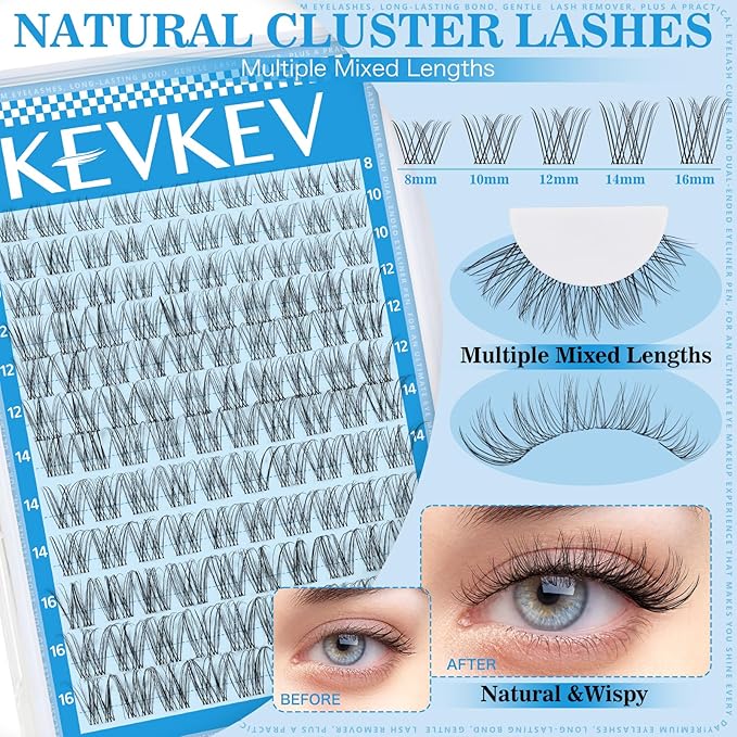 Wispy Lash Clusters Invisible Ultra-Thin Band Natural Eyelash Clusters 8-16mm Soft Cluster Eyelash Extensions Mix Length Ultra-Light Natural Look Natural Lash Clusters DIY Lash At Home(Wispy01)