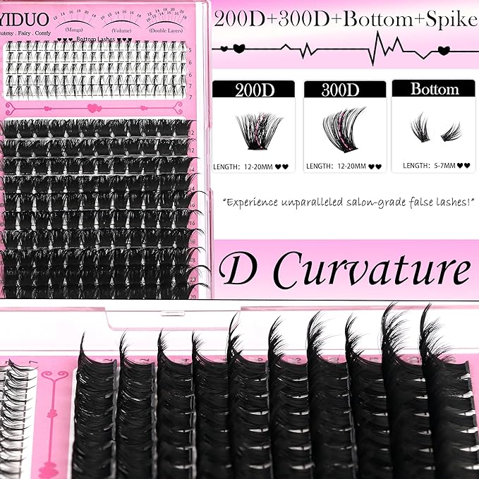 YIDUO 1520Pcs Lashes Clusters Kit with Spikes+Bottom 6 Styles 100D/200D/300D Cluster Lash Extension Kit with 2X Bond&Seal 10-20mm Volume Individual Eyelash Extension Kit Gift Packs