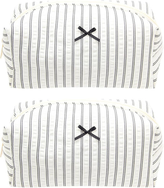 PAZIMIIK 2PCS Cozy Makeup Bag Small Aesthetic Travel Zipper Cosmetic Pouch for Women Make Up Beauty Accessories Brushes, Stripe Black