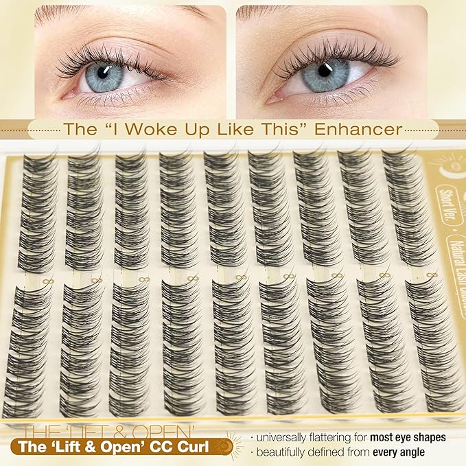 8MM Lash Clusters Natural Cluster Eyelash Extensions Clear Band Cluster Lashes Short CC Curve Pestañas Postizas Naturales Fluffy Wispy DIY Lashes for No Makeup Look (108PCS)