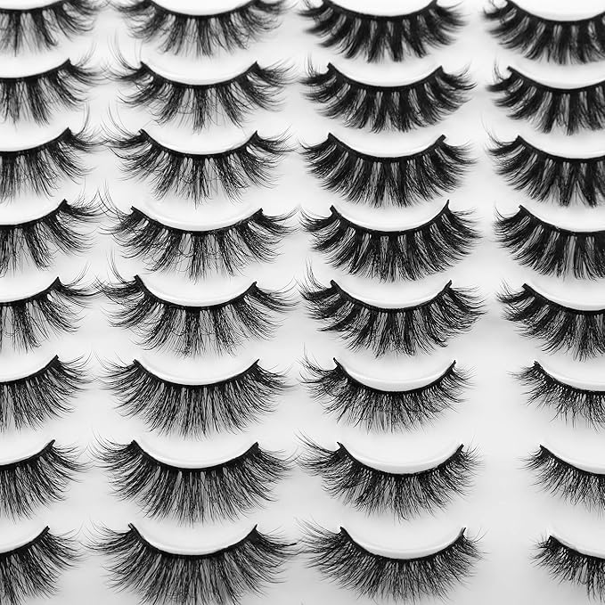 JIMIRE 20 Pairs False Eyelashes 4 Styles Mink Eyelashes Fluffy Pack 3D Volume Faux Mink Cat Eye Lashes Pack