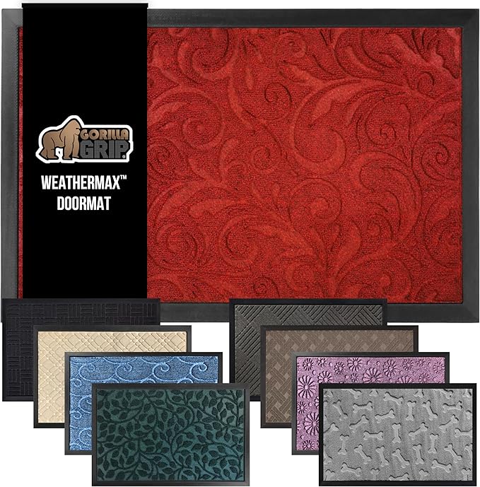 GORILLA GRIP 100% Waterproof All-Season WeatherMAX Doormat US Designed Natural Rubber, Stain and Fade Resistant, Low Profile Indoor Outdoor Door Mats, Easy Clean Patio Mat, 17x29, Red Vintage Wine