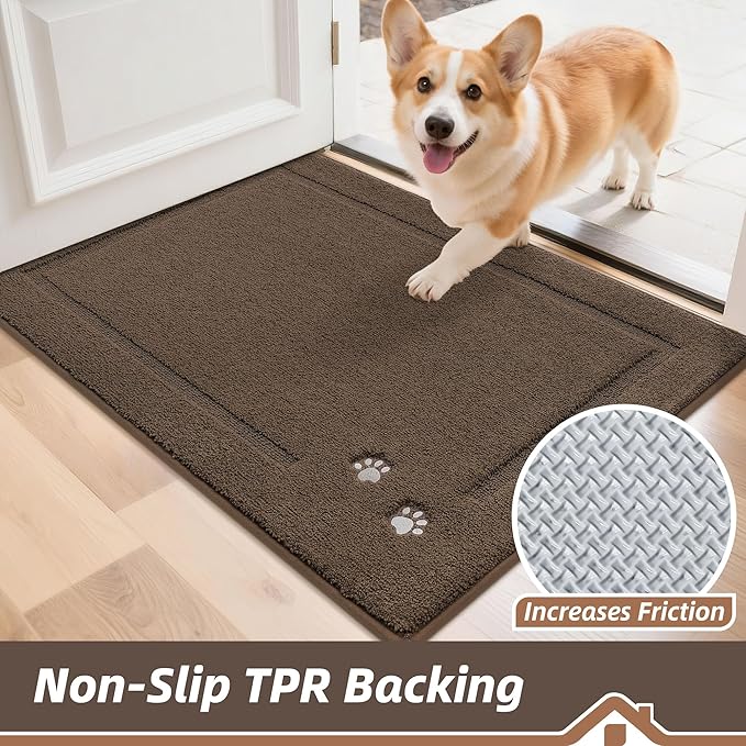 BEQHAUSE Dog Door Mat for Mud Paws Dirt Trapper Doormat Non-Slip Entryway Rugs Absorbent Welcome Mat Washable Indoor Floor Mat Low-Profile for Front Door, 24" x 36", Brown