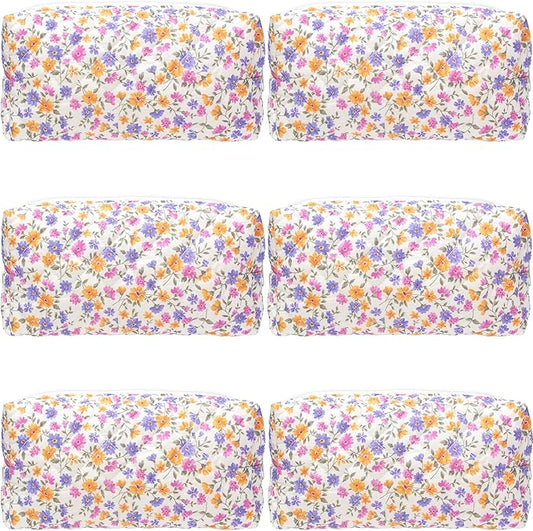 PAZIMIIK 6PCS Vintage Quilted Makeup Bag SET Cosmetic Pouch for Brushes Pencils and Travel Make Up Accessories for Women and Girls,Little flower