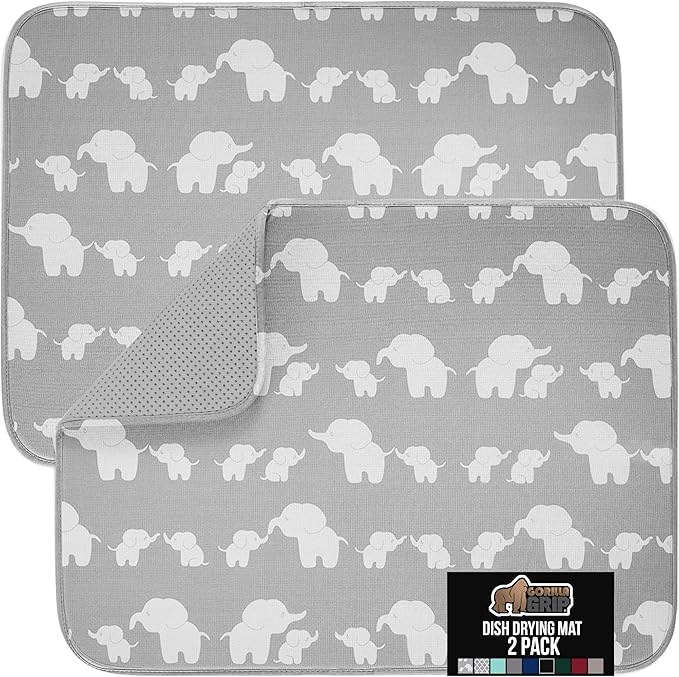 GORILLA GRIP Ultra Water Absorbent Microfiber Dish Drying Mat 2 Pack, Quick Dry Mesh, Slip Resistant Pad for Sink Dishes or Under Rack, Kitchen Counter Accessories, Machine Wash, 18x16 Inch, Elephants