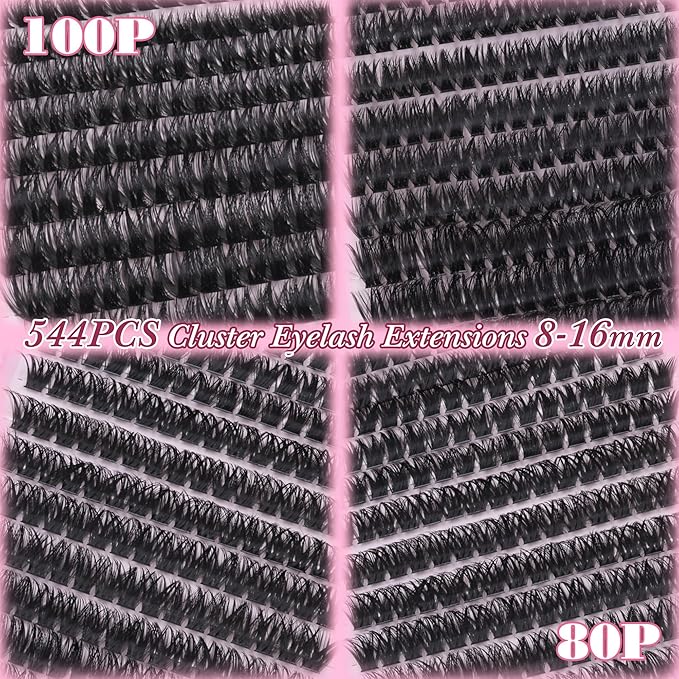 Lash Clusters Kit Fluffy 80D 100D Eyelash Clusters Kit 544PCS Wispy Cluster Eyelash Extensions D Curly Individual Lashes 8-16mm Soft Band DIY at Home with Lash Bond&Seal Tweezers Brush by zenotti