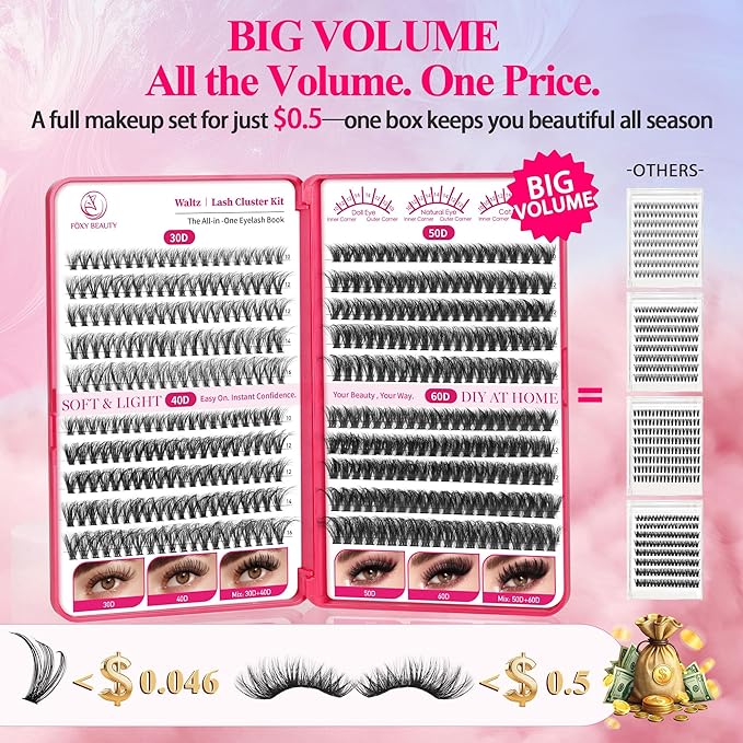 Waltz Lash Clusters Kit Lash Clusters Lashes D Curl Eyelash Clusters Natural Lash Extension Kit Fluffy False Eyelashes DIY at Home with Bond and Seal