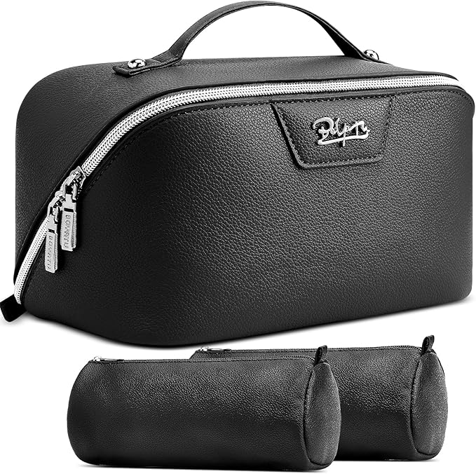 BOYATU Travel Makeup Bag Cosmetic Bags for Women: Large Capacity 3 Pcs Set Make up Bag with Compartments - Waterproof Vegan Leather Toiletry Organizer Bags with Handle (N-67Black)