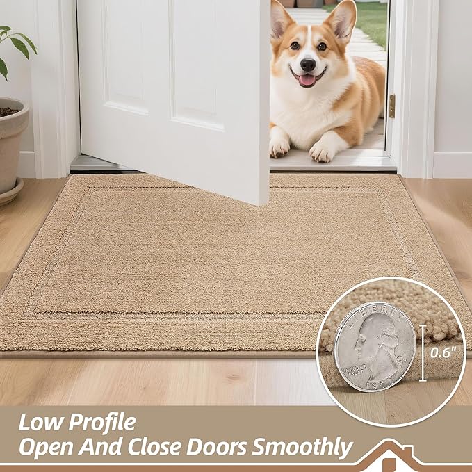 BEQHAUSE Dog Door Mat for Mud Paws Dirt Trapper Doormat Non-Slip Entryway Rugs Absorbent Welcome Mat Washable Indoor Floor Mat Low-Profile for Front Door, 20" x 32", Beige