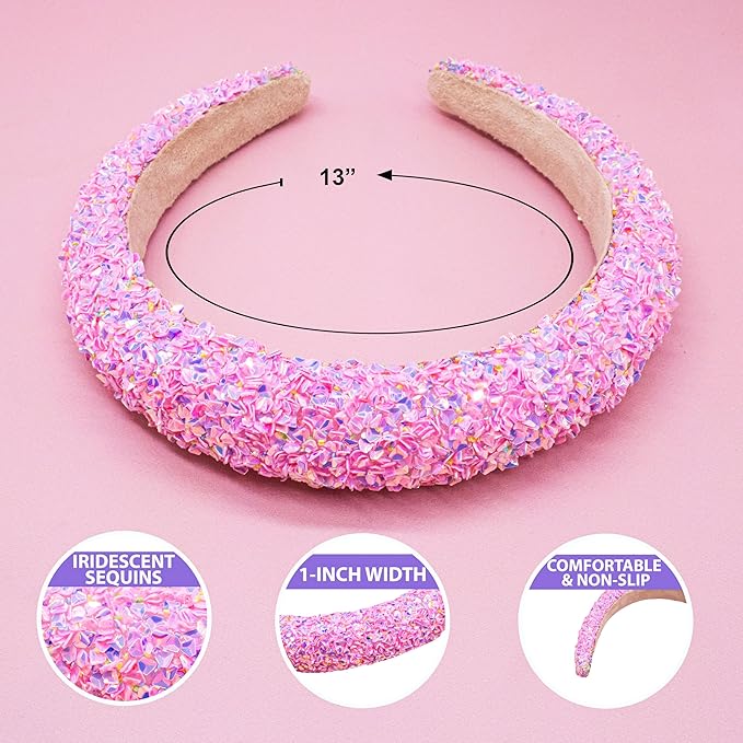 FROG SAC Sequin Headband for Girls, Sparkly Puffy Hair Band for Kids, Padded Toddler Head Bands, Sparkle Girl Hair Accessories (Pink, Child)